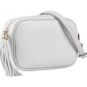 - Genuine leather camera bag crossbody with tassel - white